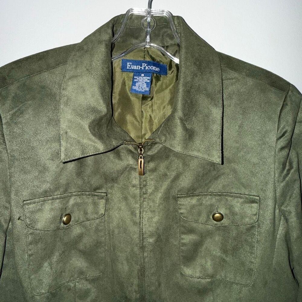 Vintage Evan-Picone Olive Faux Suede Utility Safari Jacket Zip Front‎ Size 8 - Picture 2 of 13